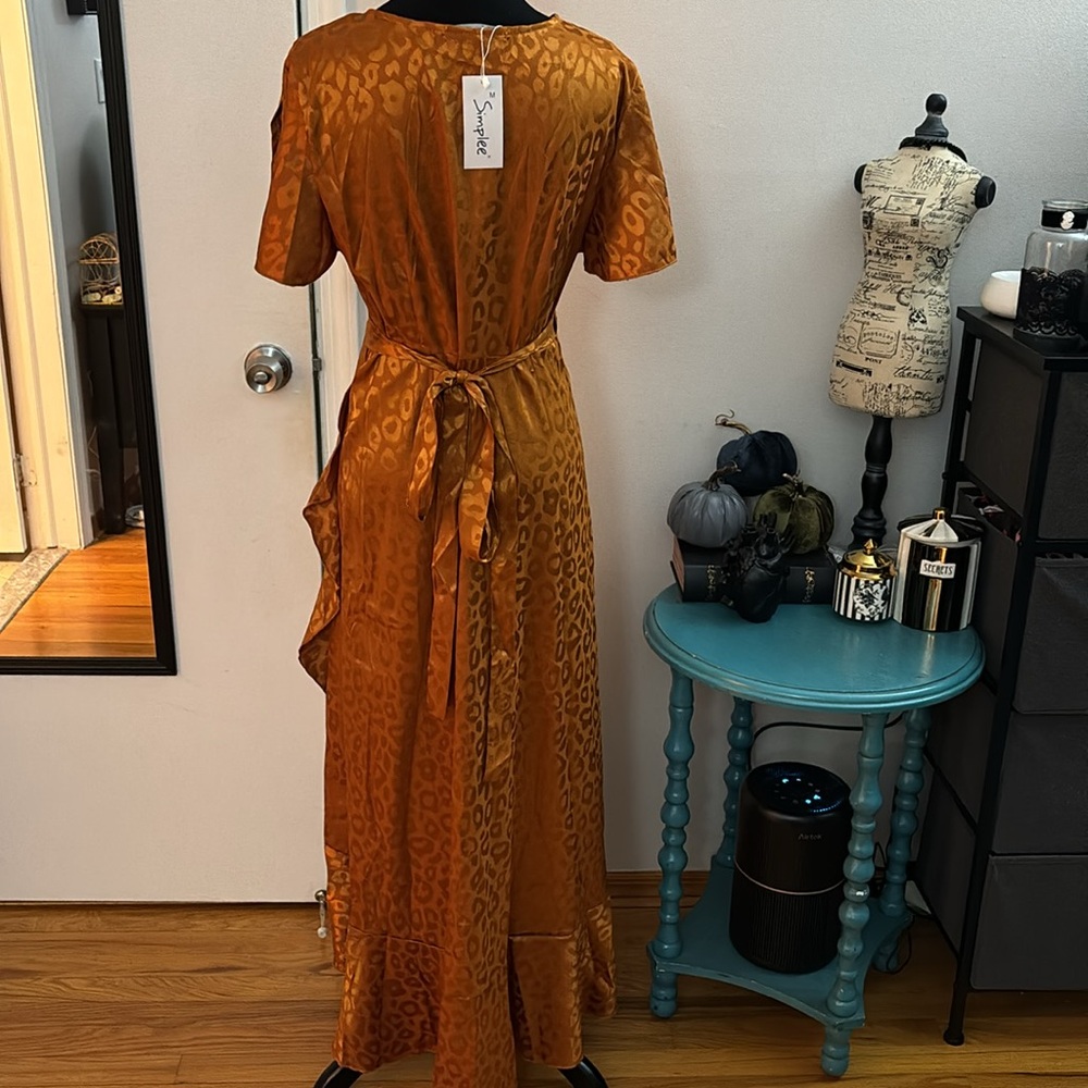 Burnt Orange Ruffle Leopard Satin Dress - Picture 4 of 4